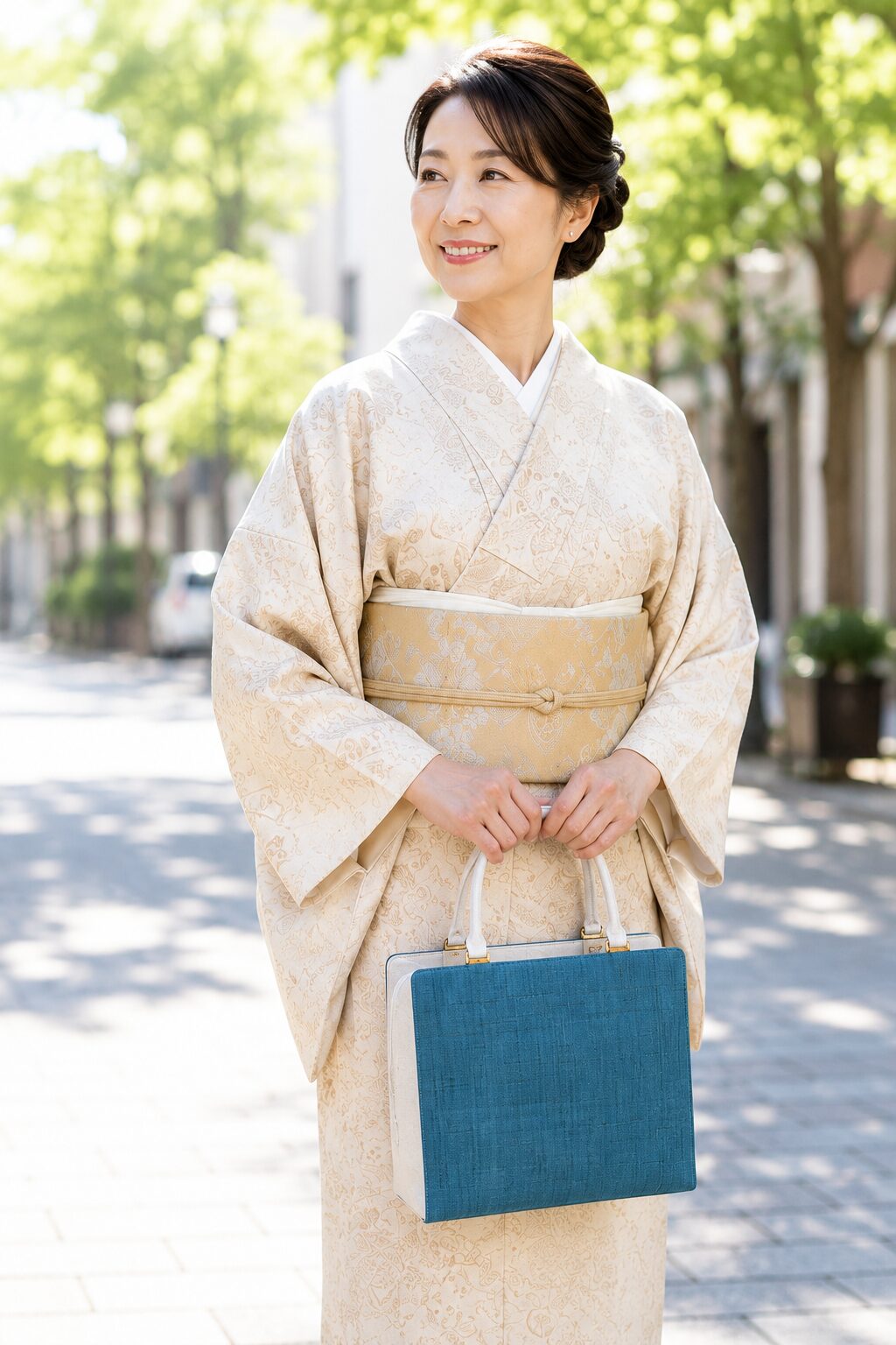 着物姿で利休バッグを持つ女性